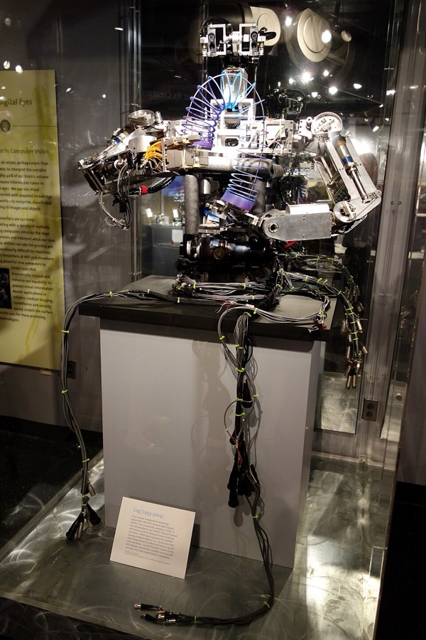 A metal upper-body robot inside a museum display case: a small head with camera lenses on top, a skeletal aluminium torso wrapped in coiled blue and purple tubing, two jointed arms reaching forward, all mounted on a grey pedestal with thick bundles of cable running down to the floor.