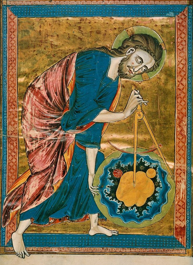 A gold-ground manuscript painting of a bearded, haloed figure in a blue robe, leaning forward to set one leg of a large pair of compasses into a round disc holding swirling water, gold landmasses, a red sun and a pale moon.