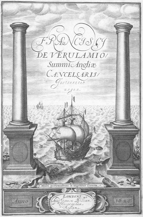 An engraved page showing two tall classical columns standing in the sea, a sailing ship passing between them into open water with a second ship small on the horizon beyond, the Latin title lettered in the sky above and the date 1620 at the foot.