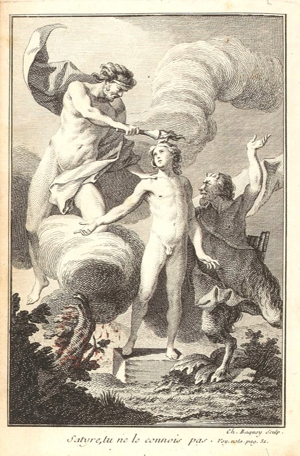 An engraving: a bearded man wrapped in drapery kneels on a bank of cloud at the upper left and reaches down with a flaming brand to the head of a slender nude youth standing on a low stone block, while at the right a horned satyr with shaggy goat legs recoils with one arm flung up, and a plume of smoke rises behind them.