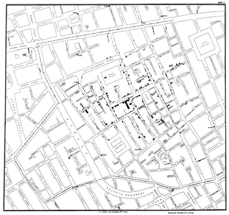 A street map of Soho in London with a short black bar drawn at every address where somebody died of cholera, the bars sparse at the edges of the sheet and piled several deep in the blocks immediately around the pump marked on Broad Street.
